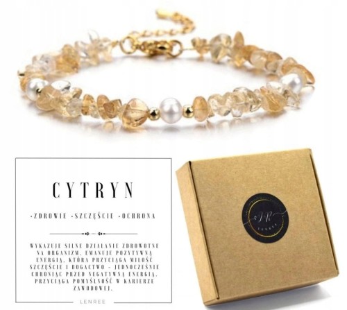 BRANSOLETKA DAMSKA CYTRYN PERŁA KAMIENIE NATURALNE STAL CHIRURGICZNA ZŁOTE