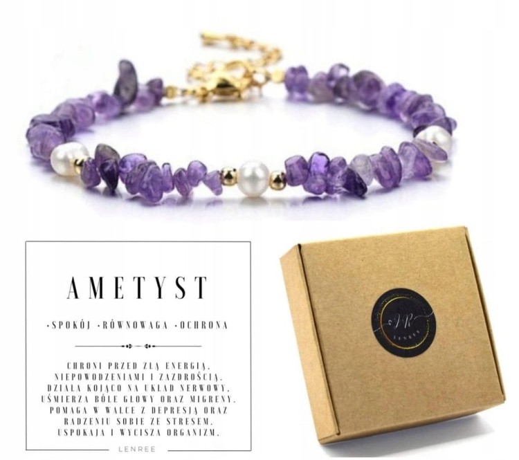 Bransoletka damska ametyst perła kamienie stal chirurgiczna złote