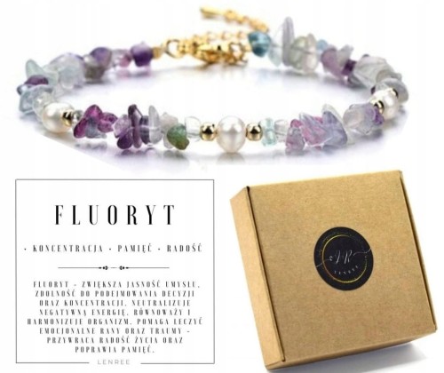 BRANSOLETKA DAMSKA FLUORYT PERŁA KAMIENIE NATURALNE STAL CHIRURGICZNA ZŁOTE