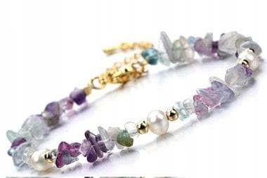 BRANSOLETKA DAMSKA FLUORYT PERŁA KAMIENIE NATURALNE STAL CHIRURGICZNA ZŁOTE