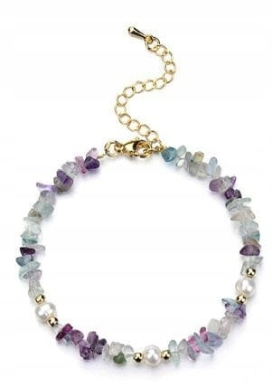 BRANSOLETKA DAMSKA FLUORYT PERŁA KAMIENIE NATURALNE STAL CHIRURGICZNA ZŁOTE