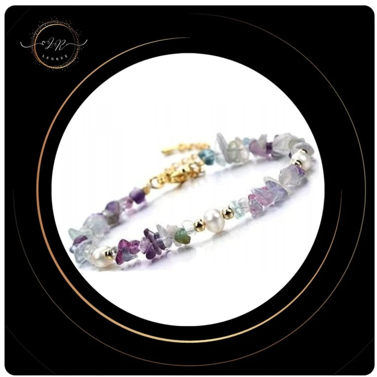 BRANSOLETKA DAMSKA FLUORYT PERŁA KAMIENIE NATURALNE STAL CHIRURGICZNA ZŁOTE