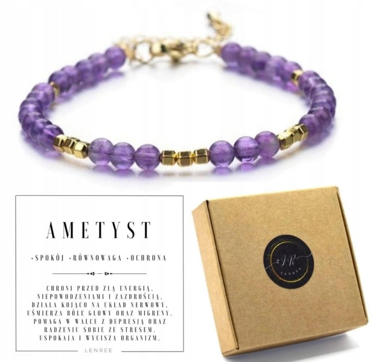 Bransoletka damska ametyst hematyt kamienie stal chirurgiczna regulowana