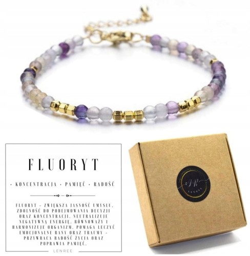 Bransoletka damska fluoryt hematyt kamienie stal chirurgiczna regulowana