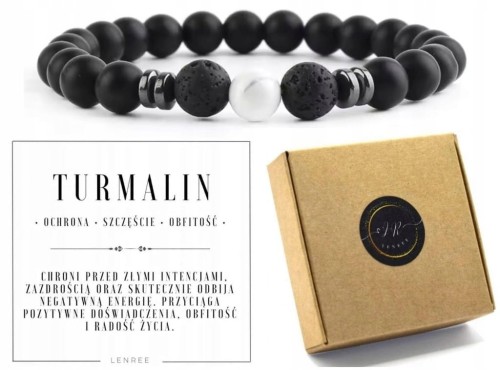 BRANSOLETKA CZARNY TURMALIN HOWLIT LAWA WULKANICZNA HEMATYT-UNISEKS,PREZENT