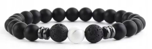 BRANSOLETKA CZARNY TURMALIN HOWLIT LAWA WULKANICZNA HEMATYT-UNISEKS,PREZENT