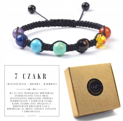 Bransoletka damska 7 czakr czarna sznurek regulowana kamienie energia