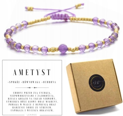 Bransoletka AMETYST sznurek regulowana złote dodatki LENREE