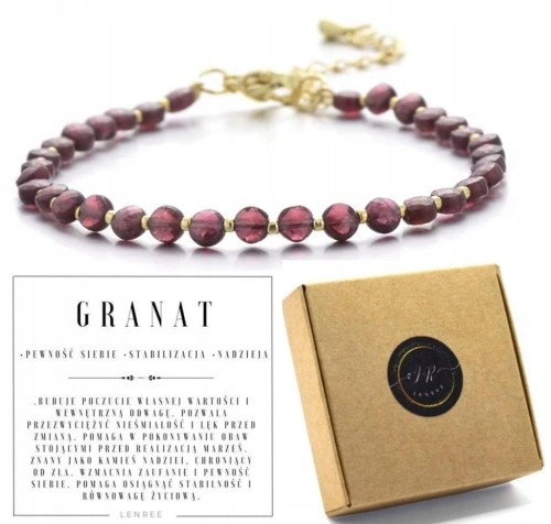 Bransoletka GRANAT naturalny kamień elegancka złote akcenty LENREE