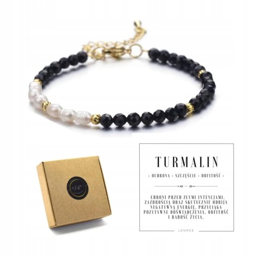 BRANSOLETKA DAMSKA ZAPINANA KAMIENIE NATURALNE - PERŁY - TURMALIN + PUDEŁKO
