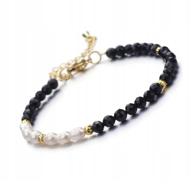 BRANSOLETKA DAMSKA ZAPINANA KAMIENIE NATURALNE - PERŁY - TURMALIN + PUDEŁKO