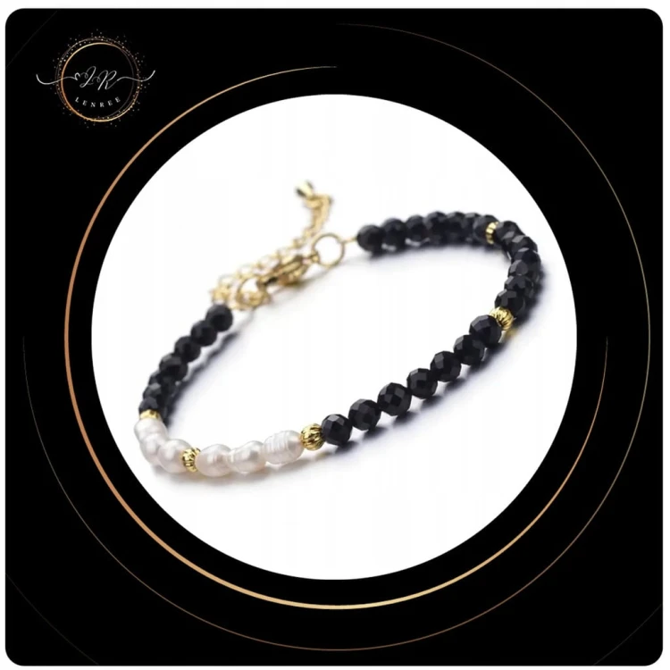 BRANSOLETKA DAMSKA ZAPINANA KAMIENIE NATURALNE - PERŁY - TURMALIN + PUDEŁKO