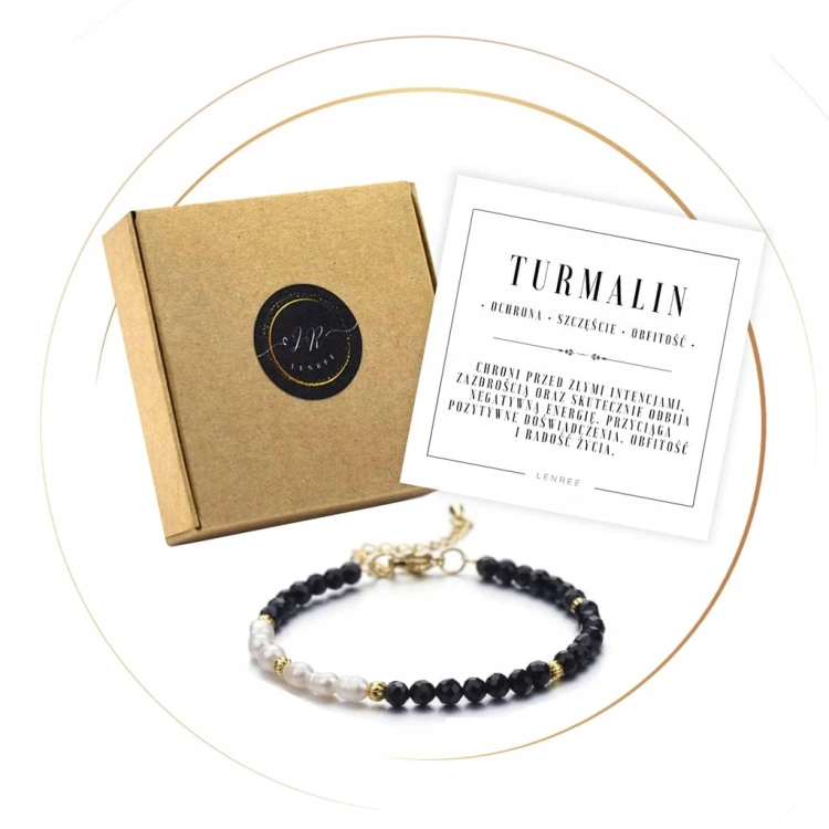 BRANSOLETKA DAMSKA ZAPINANA KAMIENIE NATURALNE - PERŁY - TURMALIN + PUDEŁKO