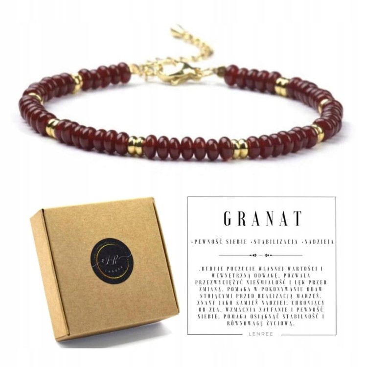 BRANSOLETKA DAMSKA ZAPINANA GRANAT KAMIENIE NATURALNE + PUDEŁKO