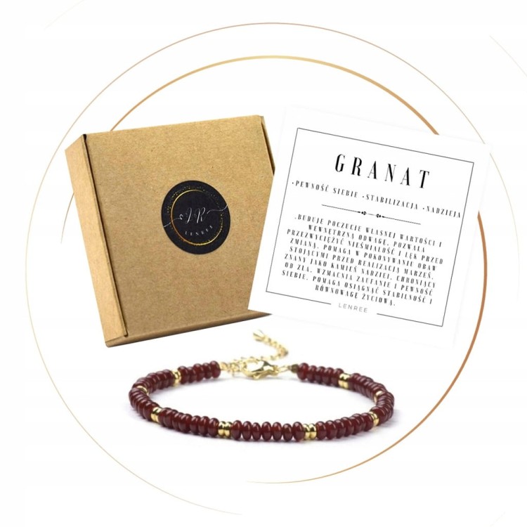 BRANSOLETKA DAMSKA ZAPINANA GRANAT KAMIENIE NATURALNE + PUDEŁKO