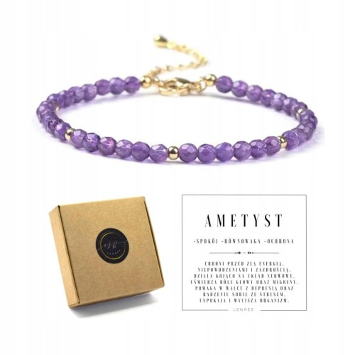 Bransoletka damska zapinana AMETYST kamienie naturalne + pudełko