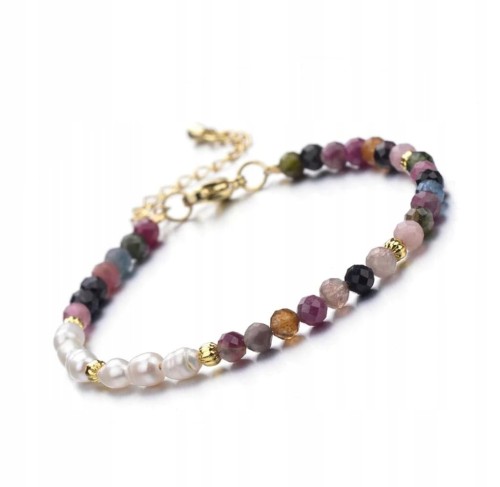 Bransoletka damska zapinana KAMIENIE NATURALNE - PERŁY - TURMALIN TĘCZOWY