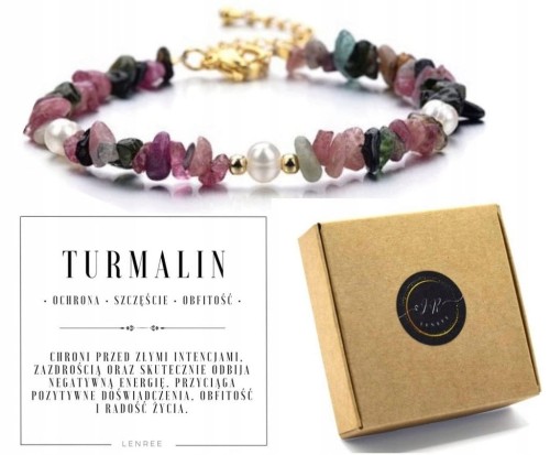 BRANSOLETKA DAMSKA TURMALIN PERŁA STAL CHIRURGICZNA ZŁOTE ZAPIĘCIE MODNA