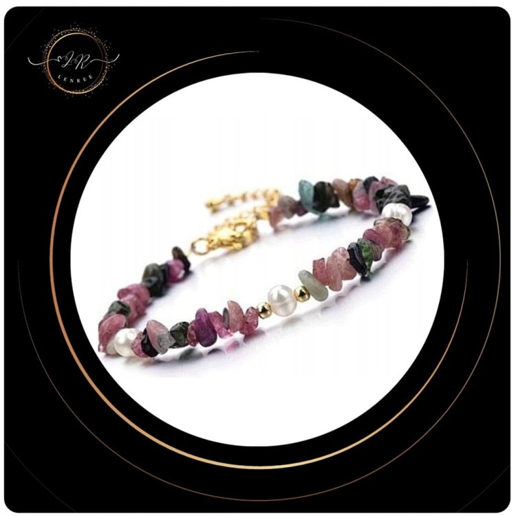 BRANSOLETKA DAMSKA TURMALIN PERŁA STAL CHIRURGICZNA ZŁOTE ZAPIĘCIE MODNA