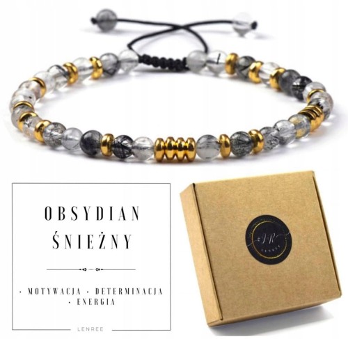 Bransoletka damska z kamieni naturalnych obsydian śnieżny regulowana