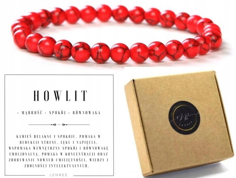 Bransoletka damska HOWLIT CZERWONY 6mm naturalny kamień spokój równowaga