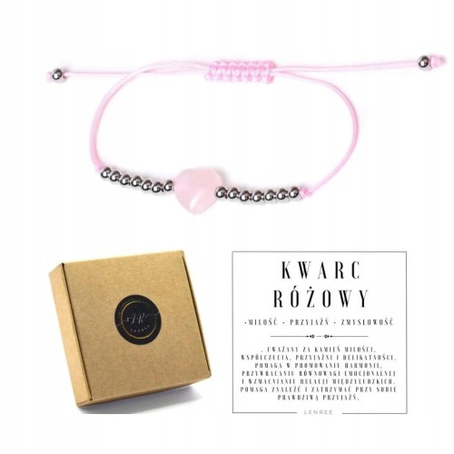 Bransoletka na sznurku SERCE kamienie naturalne KWARRC RÓŻOWY + pudełko