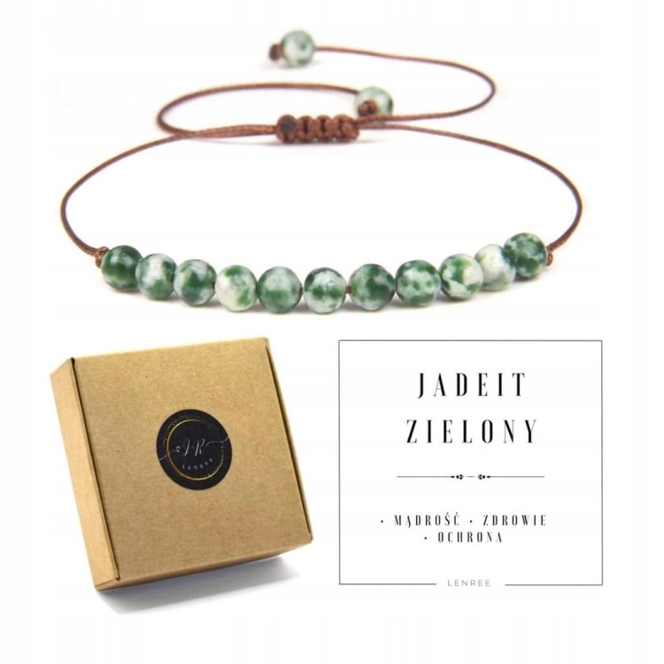 Bransoletka na sznurku JADEIT ZIELONY kamienie naturalne + pudełko