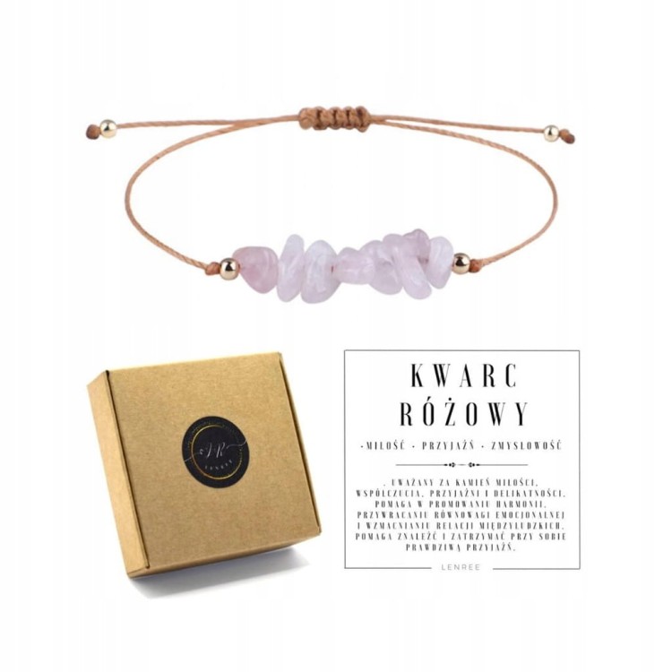 Bransoletka na sznurku talizman KWARC RÓŻOWY kamienie naturalne + pudełko