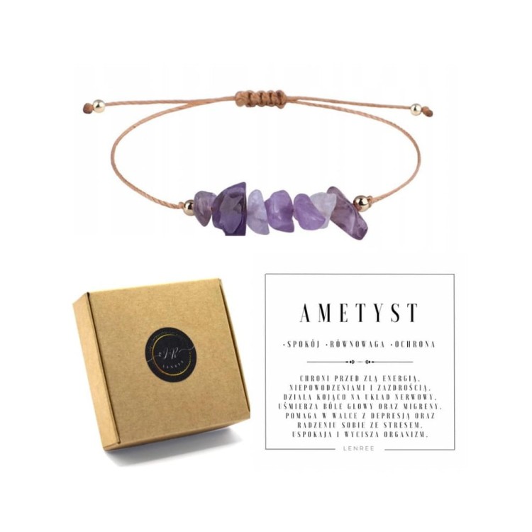 Bransoletka na sznurku talizman kamienie naturalne AMETYST sieczka +pudełko