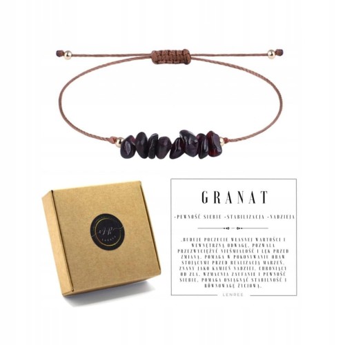 Bransoletka na sznurku talizman kamienie naturalne GRANAT sieczka + pudełko