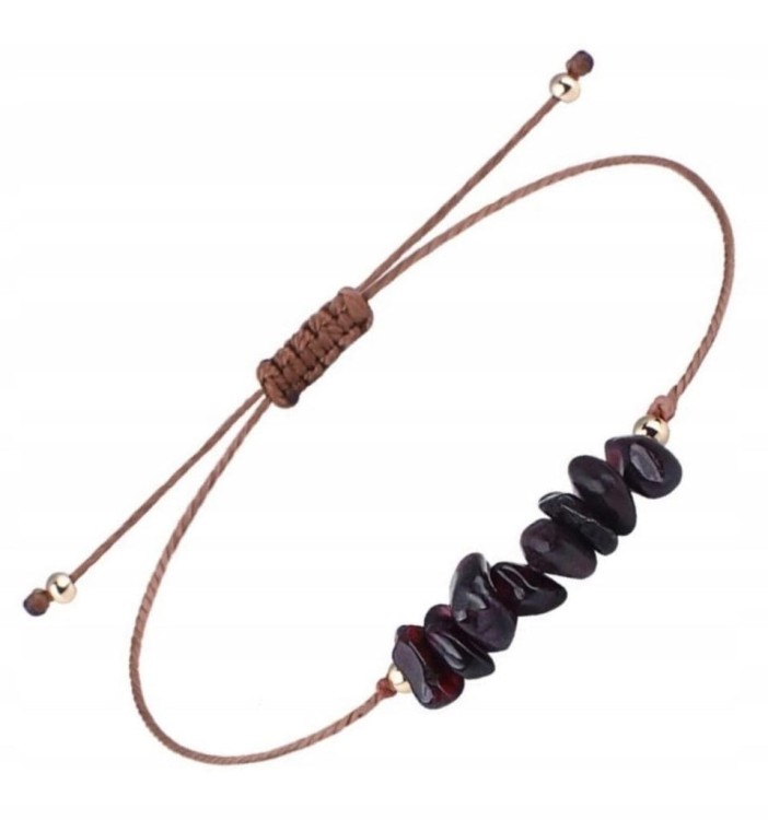 Bransoletka na sznurku talizman kamienie naturalne GRANAT sieczka + pudełko