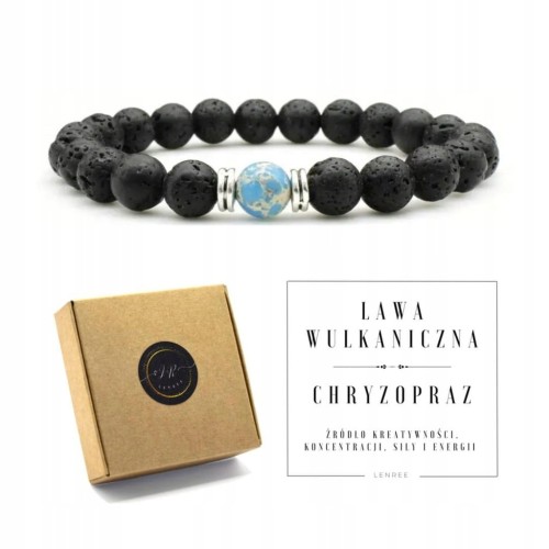Bransoletka męska kamienie naturalne LAWA WULKANICZNA - CHRYZOPRAZ +pudełko