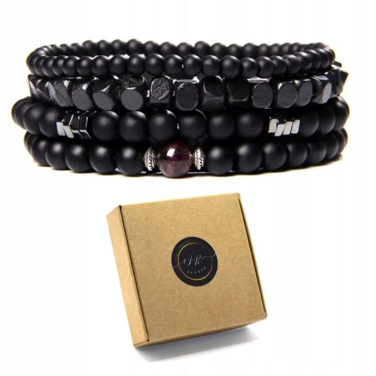BRANSOLETKA MĘSKA ZESTAW 4W1 NATURALNE KAMIENIE ONYKS GRANAT I DREWNO