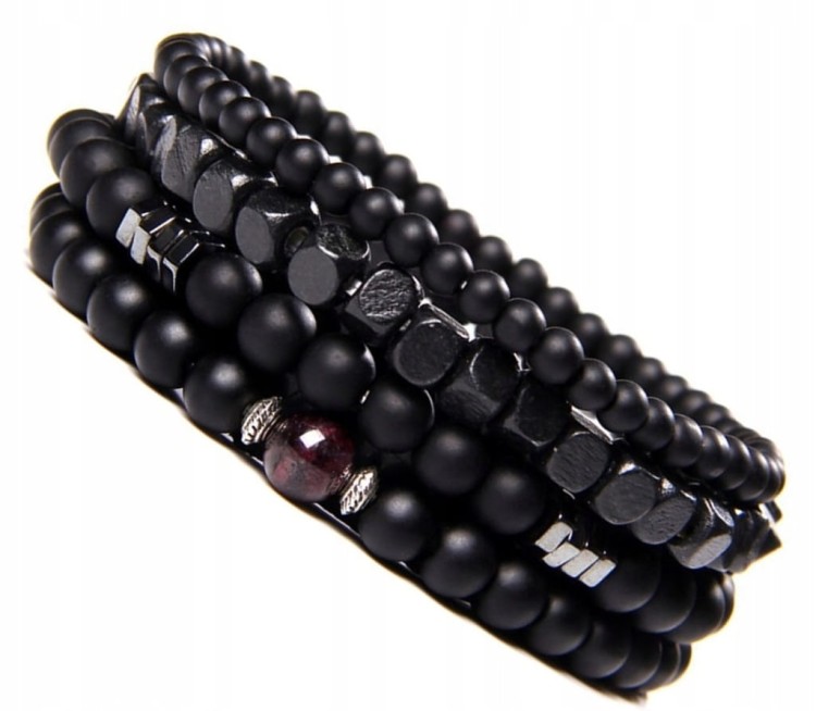 BRANSOLETKA MĘSKA ZESTAW 4W1 NATURALNE KAMIENIE ONYKS GRANAT I DREWNO