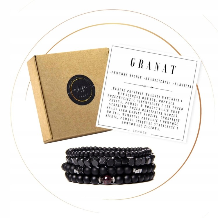 BRANSOLETKA MĘSKA ZESTAW 4W1 NATURALNE KAMIENIE ONYKS GRANAT I DREWNO