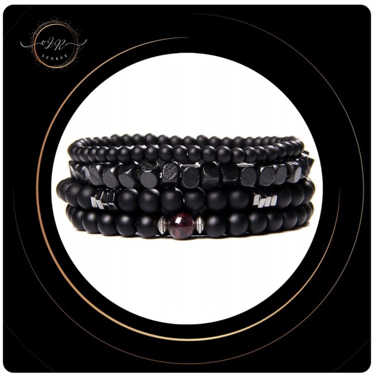 BRANSOLETKA MĘSKA ZESTAW 4W1 NATURALNE KAMIENIE ONYKS GRANAT I DREWNO