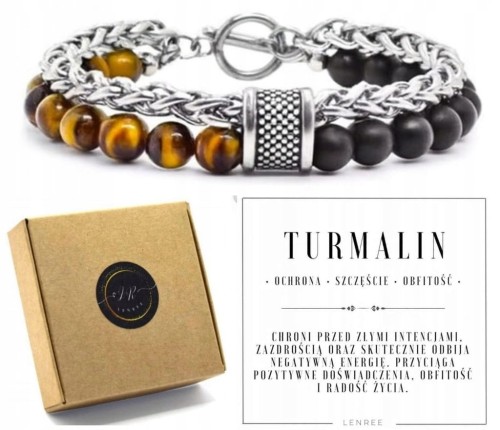 BRANSOLETKA MĘSKA TURMALIN TYGRYSIE OKO STAL SZLACHETNA
