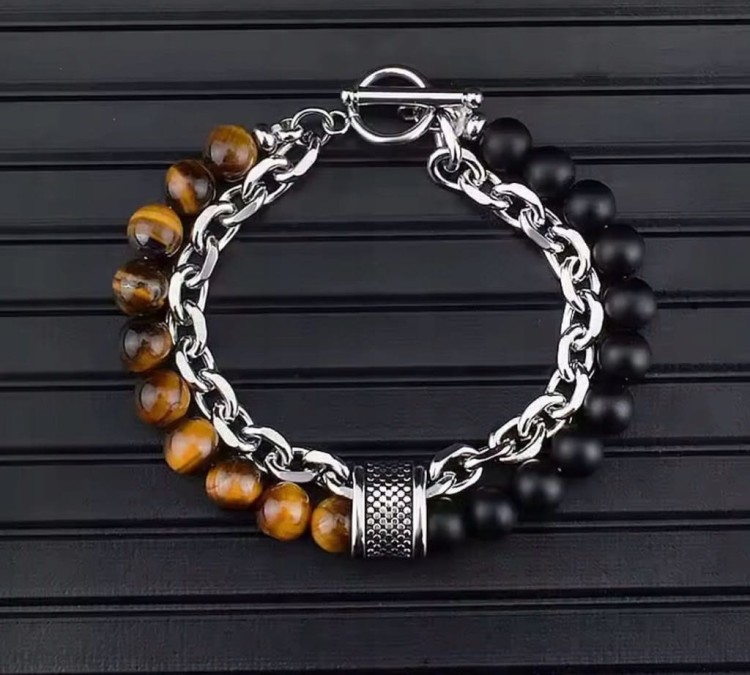 BRANSOLETKA MĘSKA TURMALIN TYGRYSIE OKO STAL SZLACHETNA