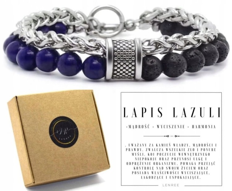 Bransoletka męska lapis lazuli lawa stal szlachetna unisex