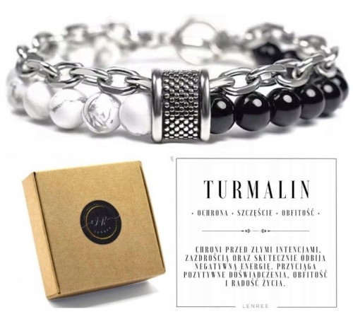 Bransoletka męska turmalin howlit stal szlachetna elegancka