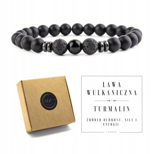 BRANSOLETKA MĘSKA KAMIENIE NATURALNE TURMALIN - LAWA WULKANICZNA + PUDEŁKO