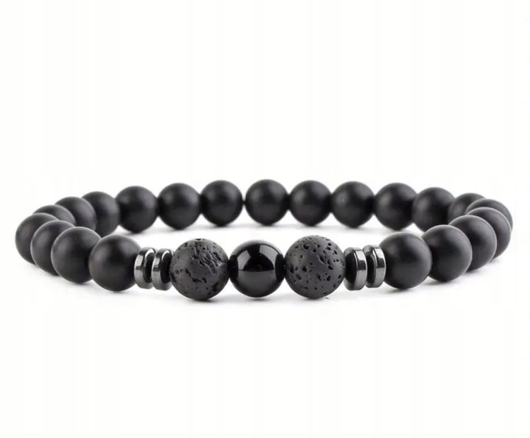 BRANSOLETKA MĘSKA KAMIENIE NATURALNE TURMALIN - LAWA WULKANICZNA + PUDEŁKO