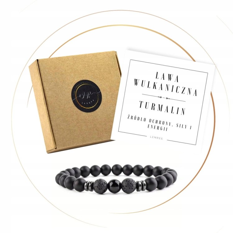 BRANSOLETKA MĘSKA KAMIENIE NATURALNE TURMALIN - LAWA WULKANICZNA + PUDEŁKO