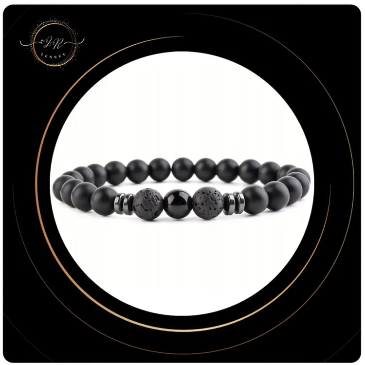 BRANSOLETKA MĘSKA KAMIENIE NATURALNE TURMALIN - LAWA WULKANICZNA + PUDEŁKO