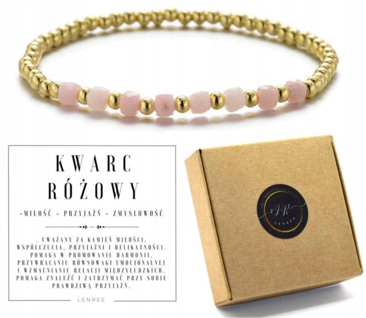 Bransoletka kwarc różowy naturalny hematyt miłość prezent złoto