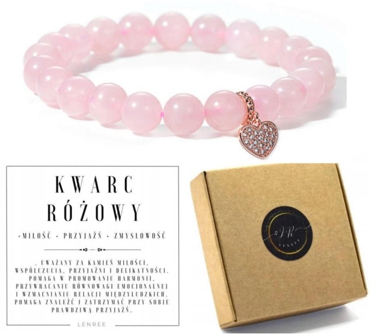 Bransoletka KWARC RÓŻOWY serce 8mm naturalne kamienie LENREE