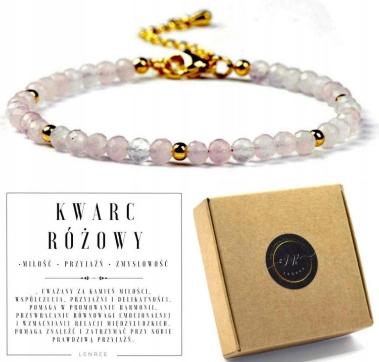 Bransoletka KWARC RÓŻOWY 4mm złote dodatki naturalne kamienie LENREE