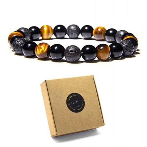 BRANSOLETKA KAMIENIE NATURALNE TURMALIN - LAWA WULKANICZNA - TYGRYSIE OKO