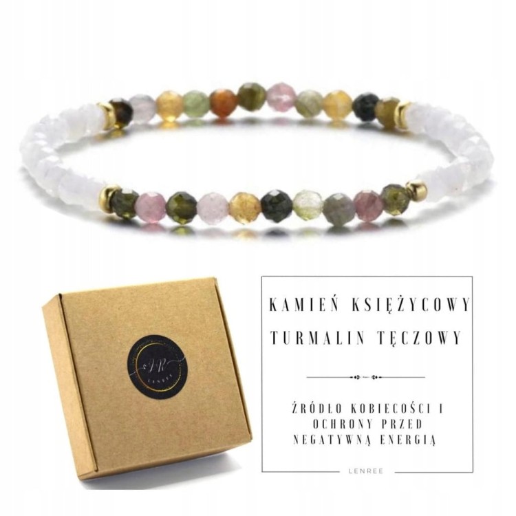 Bransoletka KAMIEŃ KSIĘŻYCOWY TURMALIN TĘCZOWY kamienie naturalne + pudełko