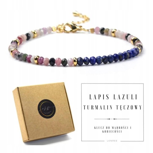 Bransoletka kamienie naturalne TURMALIN TĘCZOWY LAPIS LAZULI + pudełko